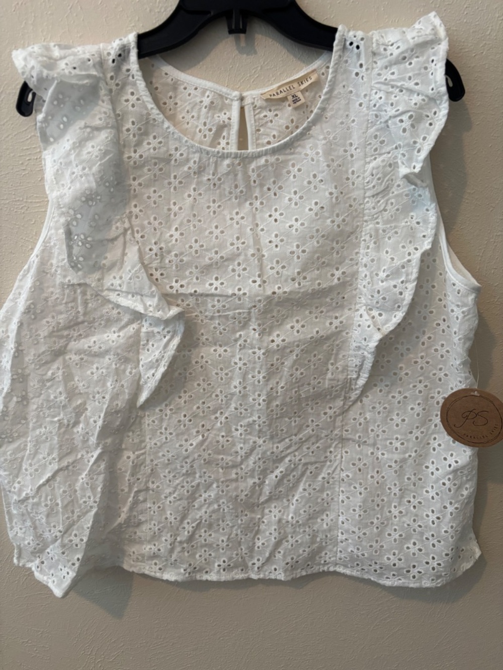 Parallel Skies White Design Shirt with Ruffle Sleeves Blouse - Size XL